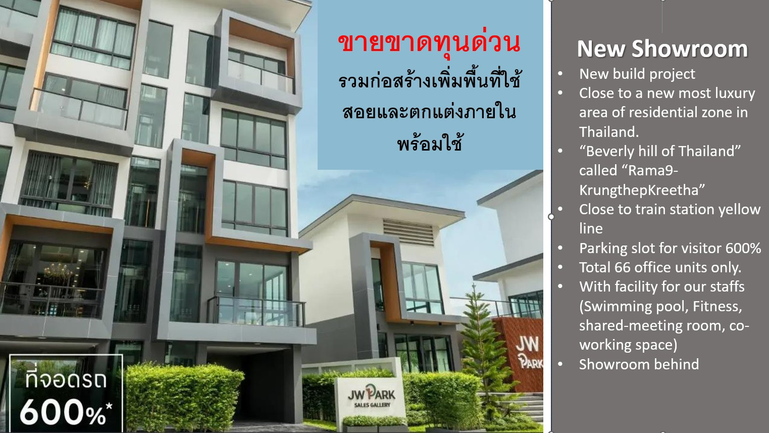 ขาย ด่วน-ขาดทุน! อาคารสำนักงาน Home Office : ตกแต่งเรียบร้อยมีพื้นที่โชว์รูม Double 405 ตร.ม.
